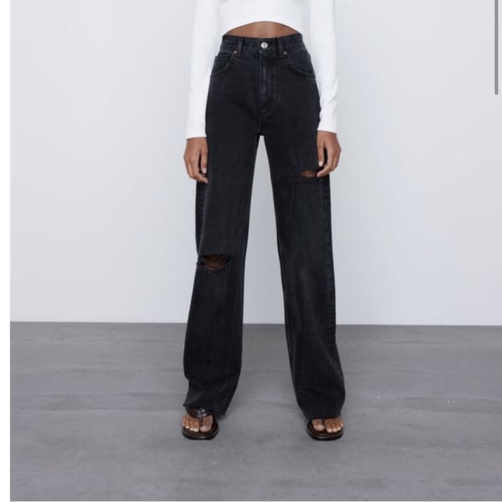 Zara Wide Full Length Ripped Jeans High Rise Black Denim 100% Cotton